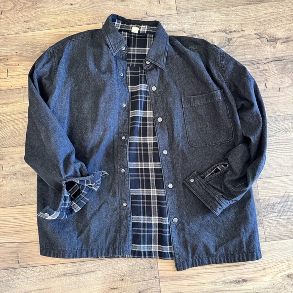 The Unbranded Brand Other - Denim Reversible Jacket Men's Black Plaid Lined Snap Front‎ Sz Large Barn Coat